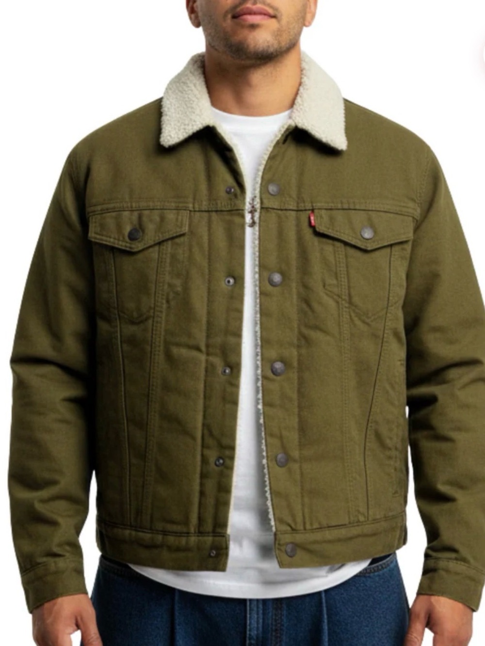 NWOT Men’s Large Levi's Olive Sherpa Lined Trucker Jacket